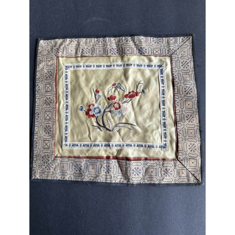 Vintage 1960s Hand Embroidered Silk Square Floral Chinese Panel Asian Design